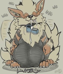 abdominal_bulge bodily_fluids dripping feral feral_pred fluffy fluffy_chest fluffy_tail neck_tuft oral_vore prey_imprint quadruped rumbling_stomach saliva saliva_drip saliva_on_clothes saliva_on_face saliva_on_tongue shoe_in_mouth solo tail tail_motion tailwag trainer_role_reversal tuft vore arkailart nintendo pokemon arcanine canid canine generation_1_pokemon mammal pokemon_(species) absurd_res hi_res