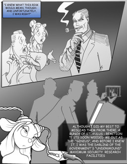 accessory alligator_clip anthro astonished cage clothing coat computer dazed electrode electronics eye_roll eyewear female glasses group lab_coat male monitor necktie smoke smoking_pipe suit testing text thinking topknot topwear chris_fischer chip_'n_dale_rescue_rangers disney gadget_hackwrench human mammal mouse murid murine rodent comic english_text hi_res