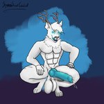 absurd_res anthro antlers balls big_balls big_penis bite_mark blue_eyes bodily_fluids canid canine claw_marks crouching fur genital_fluids genitals glowing glowing_eyes hi_res horn huge_balls huge_penis licking licking_lips male mammal penis precum simple_background solo spesssmutcentral tongue white_body white_fur