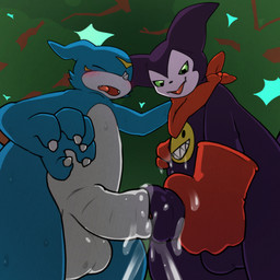 anthro anthro_on_anthro balls blue_body blush bodily_fluids clothing cum docking duo foreskin genital_fluids genitals gloves green_eyes handwear horn humanoid_genitalia humanoid_penis kerchief looking_at_genitalia looking_at_penis looking_pleasured low-angle_view male male/male neckerchief neckwear penile penis purple_body red_clothing red_gloves red_handwear red_tongue sex teeth tongue argon_vile bandai_namco digimon demon digimon_(species) impmon scalie veemon 1:1 absurd_res hi_res