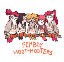 afro ambiguous_gender beak big_eyes blonde_hair blush clothing feathered_wings feathers feet femboy feral group hair humor looking_at_viewer perching pink_hair pixie_cut ponytail pun purple_hair shirt simple_background tail tail_feathers talons tank_top text text_on_clothing text_on_shirt text_on_tank_top text_on_topwear toes topwear visual_pun white_background wings ssinapellido femboy_hooters hooters nintendo pokemon avian bird generation_2_pokemon hoothoot owl pokemon_(species) 2020 absurd_res english_text hi_res meme male_(lore)