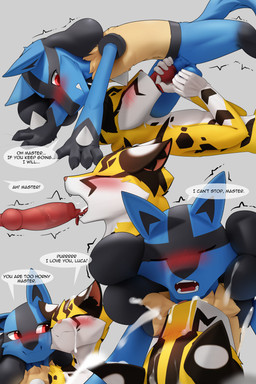 anthro bodily_fluids cum cum_in_mouth cum_inside cum_on_face duo ejaculation genital_fluids male male/male open_mouth oral oral_penetration penetration steel_cat nintendo pokemon steel_cat_(character) domestic_cat felid feline felis generation_4_pokemon lucario mammal pokemon_(species) 2:3 hi_res