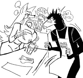 angry anthro aroused barista big_breasts blush breasts cleavage clothed clothing coffee_cup coffee_shop container cup duo emanata exclamation_point female looking_at_cleavage male male_anthro profanity snout text jariloxe loxe_(jariloxe) canid canine equid equine horse mammal 2025 black_and_white english_text hi_res monochrome
