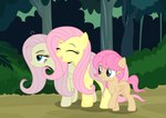 blue_eyes eyes_closed female forest group hair male pink_hair plant shrub tree trio wings yellow_body badumsquish friendship_is_magic hasbro my_little_pony mythology fluttershy_(mlp) mean_fluttershy_(mlp) equid equine mammal mythological_creature mythological_equine pegasus absurd_res hi_res