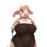 anthro big_breasts breasts clothed clothing curvy_figure dress ear_piercing ear_tag female fully_clothed horn piercing simple_background smile solo thick_thighs voluptuous white_background louart bovid bovine cattle mammal 1:1 2022 absurd_res digital_media_(artwork) hi_res signature