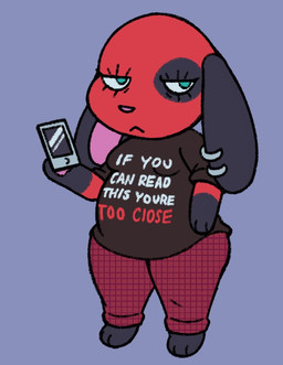 anthro black_body black_fur blue_eyes bottomwear breasts checkered checkered_bottomwear checkered_clothing checkered_pants closed_frown clothing electronics eyelashes female floppy_ears frown fur gloves_(marking) half-closed_eyes holding_object holding_phone long_eyelashes markings mouth_closed multicolored_body multicolored_fur narrowed_eyes overweight overweight_anthro overweight_female pants pattern_bottomwear pattern_clothing pattern_pants pawpads phone piercing pink_inner_ear pink_nose print_clothing print_shirt print_topwear purple_background red_body red_bottomwear red_clothing red_fur red_pants shirt simple_background small_breasts solo spots tear_trough text text_on_clothing text_on_shirt text_on_topwear topwear wide_hips oofmasterxd animal_crossing nintendo cherry_(animal_crossing) canid canine canis domestic_dog mammal 2024 english_text