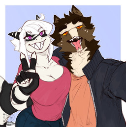 5_fingers anthro big_breasts black_body bottomwear breasts brown_body brown_fur brown_hair claws clothed clothing duo eyebrows facial_markings female fingers forked_tongue fur gesture hair hand_gesture head_markings jacket long_hair looking_at_viewer male markings non-mammal_breasts open_mouth pants red_eyes sharp_teeth shirt smile striped_body stripes teeth tongue tongue_out toothy_grin topwear tuft v_sign white_body white_fur white_hair hyucaze hyu nonami aquatic fish mammal shark digital_media_(artwork) hi_res