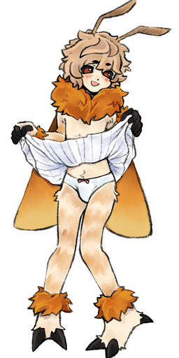 antennae_(anatomy) anthro bottomwear bow_accessory claws clothed clothing crossdressing femboy fur male orange_body orange_fur panties skirt solo tan_body toe_claws underwear white_clothing omufujofish ivy_lepidoptera arthropod humanoid insect lepidopteran hi_res