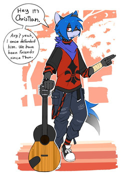5_fingers anthro bandage clothed clothing collar fingers footwear fully_clothed fur gesture guitar hair hand_gesture kerchief male multicolored_body multicolored_fur musical_instrument pattern_clothing plant plucked_string_instrument serious shoes simple_background solo string_instrument striped_clothing stripes tree axy_usagi christian_(axy_usagi) canid canine canis mammal wolf