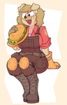 anthro big_breasts blush boots breasts burger clothing combat_boots eating female food footwear gloves handwear knee_pads mechanic red_clothing shirt shoes simple_background sitting smile solo thick_thighs topwear uniform mcsweezy third-party_edit team_fortress_2 valve audrey_(mcsweezy) engineer_(team_fortress_2) canid canine canis domestic_dog mammal absurd_res color_edit colored hi_res