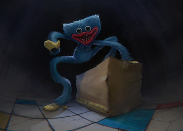 anthro black_eyes blank_stare blue_body blue_fur bow_tie box container creepy_face dark floor fur lips male nude red_lips ribbons sharp_teeth solo soul_devouring_eyes tape teeth tile tile_floor yellow_body lostgoose mob_entertainment poppy_playtime huggy_wuggy living_puppet living_toy monster 2021 digital_media_(artwork) hi_res signature