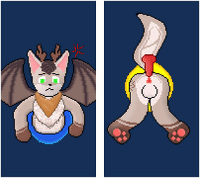 anthro antlers blush bodily_fluids cum cum_in_ass cum_inside genital_fluids genitals horn knot knotted_penis knotting male male/male pawpads paws penis solo_focus stuck wall_(structure) wings luis-kia foxyowo bat canid canine deer fox hybrid mammal animated hi_res