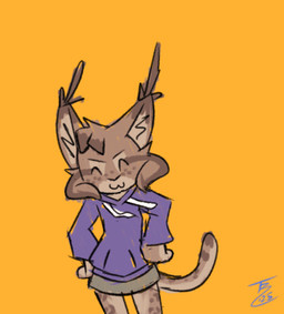 ambiguous_gender anthro biped brown_body brown_fur cheek_tuft clothed clothed_ambiguous clothed_anthro clothing dancing ear_tuft facial_tuft fully_clothed fully_clothed_ambiguous fully_clothed_anthro fur head_tuft hoodie markings orange_background purple_clothing purple_hoodie purple_topwear simple_background solo spots spotted_body spotted_fur topwear tuft theblueberrycarrots triple_baka marc_(theblueberrycarrots) felid feline lynx mammal 2025 animated animated_gif digital_drawing_(artwork) digital_media_(artwork) low_res short_playtime