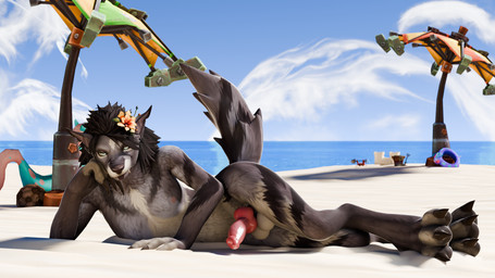accessory anthro balls beach femboy flower flower_in_hair genitals hair hair_accessory knot light looking_at_viewer male outside plant sand solo sunlight tail perromalo blizzard_entertainment warcraft canid mammal werecanid werecreature worgen 16:9 3d_(artwork) digital_media_(artwork) hi_res widescreen