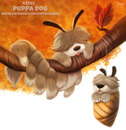 ambiguous_gender antennae_(anatomy) branch chrysalis countershading duo feral fluffy fur grey_body grey_fur humor in_tree leaf motion_lines nude paws plant pun simple_background tail tail_motion tailwag tan_body tan_fur text tongue tongue_out tree visual_pun white_background white_body white_fur piper_thibodeau arthropod canid canine canis caterpillar domestic_dog hybrid insect larva mammal 2018 digital_media_(artwork) digital_painting_(artwork) painting_(artwork) signature url watermark