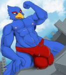 anthro areola balls_outline beak big_muscles biped blue_body blue_feathers bulge city clothing detailed_bulge feathers genital_outline grabbing group low-angle_view macro male muscular muscular_anthro muscular_male nipples penis_outline red_clothing red_underwear speedo swimwear underwear worship solace~ nintendo star_fox falco_lombardi avian bird canid canine canis domestic_cat domestic_dog felid feline felis fox lion mammal pantherine hi_res