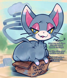 ambiguous_feral ambiguous_gender bedroom_eyes blue_eyes bottom_heavy box cardboard cardboard_box contained container cute_fangs dialogue dipstick_ears ear_markings exclamation_point eyelashes fangs feet feral fur glistening glistening_eyes grey_body grey_ears grey_fur half-closed_eyes in_box in_container leg_markings looking_at_viewer markings meow multicolored_body multicolored_ears narrowed_eyes open_:3 open_mouth outside paws pink_inner_ear pupils quadruped question_mark seductive slit_pupils socks_(marking) solo tail talking_to_viewer teeth text whiskers white_body white_ear_tips white_text yellow_sclera ligma_(artist) nintendo pokemon generation_4_pokemon glameow pokemon_(species) 2026 digital_drawing_(artwork) digital_media_(artwork) english_text full-length_portrait handwritten_text hi_res portrait shaded soft_shading