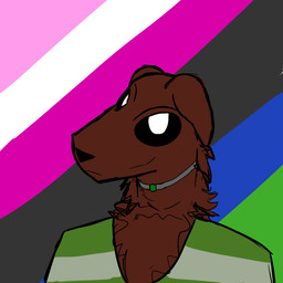 ambiguous_gender anthro black_sclera brown_body brown_fur chest_tuft closed_smile clothing floppy_ears fluffy fur genderfluid_pride_colors green_clothing green_shirt green_topwear jewelry lgbt_pride looking_at_viewer mouth_closed neck_tuft necklace pattern_clothing pattern_shirt pattern_topwear pride_color_background pride_colors pupils shirt simple_background smile snout solo striped_clothing striped_shirt striped_topwear stripes t-shirt topwear tuft unusual_pupils white_pupils invitedrhino683 lgbt_pride_month lucille_(invitedrhino683) bird_dog canid canine canis domestic_dog flat_coated_retriever hunting_dog mammal retriever 1:1 colored flat_colors portrait genderfluid_(lore)