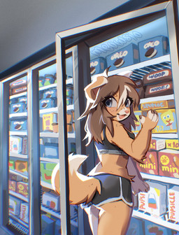 4_fingers anthro blue_eyes bottomwear bra breasts brown_hair butt claws clothed clothed_anthro clothed_female clothing cookie cute_fangs dessert dolphin_shorts fangs female female_anthro finger_claws fingers floppy_ears food freckles freezer fur hair ice_cream looking_back open_mouth shorts solo spongebob_popsicle sports_bra tail tan_body tan_fur teeth tongue underwear white_body white_fur meowsio nickelodeon oreo_cookie spongebob_squarepants canid canine canis domestic_dog mammal 2025 digital_media_(artwork) hi_res