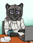 anthro beverage black_body black_fur chair coffee coffee_mug computer desk electronics female fur furniture grey_hair hair paper purple_eyes solo table ziegelzeig bad_guy_cafe cathleen_velvetpaw