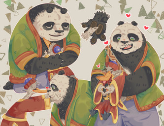 anthro belt black_body black_fur bottomwear clothed clothing duo feathers fur gesture green_clothing green_eyes green_topwear green_vest hat headgear headwear heart_gesture heart_symbol holding_partner hug male male/male multicolored_body multicolored_clothing multicolored_fur multicolored_robe overweight overweight_anthro overweight_male pants purple_bottomwear purple_clothing purple_pants red_clothing red_robe robe size_difference topwear two_tone_body two_tone_fur two_tone_robe vest white_body white_feathers white_fur yellow_belt yellow_clothing yellow_robe zharrph dreamworks kung_fu_panda li_shan_(kung_fu_panda) mr._ping anatid anseriform anserine avian bear bird giant_panda goose mammal 2024 digital_media_(artwork)