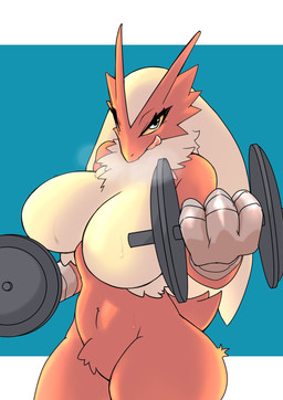 3_fingers anthro anthrofied big_breasts blonde_hair blue_background blue_eyes bodily_fluids breasts crotch_tuft dumbbell exercise featureless_breasts featureless_crotch feet female fingers fur hair holding_object huge_breasts long_hair looking_at_viewer multicolored_body navel neck_tuft pokemorph red_body red_tail simple_background solo steam sweat sweatdrop tail talons tan_body tan_fur toes tongue tongue_out tuft weightlifting weights workout yellow_sclera sarumoji nintendo pokemon avian blaziken generation_3_pokemon pokemon_(species) 2022 hi_res