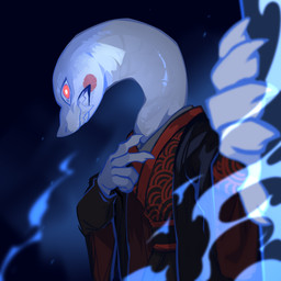 ambiguous_anthro ambiguous_gender anthro bared_teeth black_clothing clothed clothing long_neck pupils red_clothing red_eyes simple_background smoke solo teeth white_body white_pupils corzh77 reptile scalie snake 1:1 hi_res