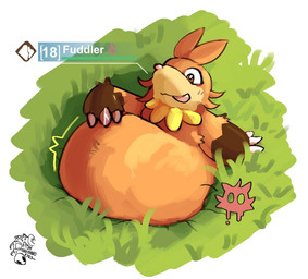 ambiguous_gender belly big_belly blush brown_body brown_fur claws fatal_vore female_symbol feral fur gameplay_mechanics gender_symbol grass gui hand_on_belly health_bar huge_belly in_ground licking licking_lips logo outside plant semi-anthro solo symbol tan_body tan_fur tongue tongue_out vore fishwithnoeyes palworld pocketpair cattiva fuddler pal_(species) 2026 artist_logo signature