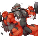 anthro balls barbell big_pecs bodily_fluids canid canine disembodied_hand dripping exercise fluffy fluffy_tail fur generation_8_pokemon genital_fluids genitals grey_body grey_fur hi_res hisuian_arcanine hisuian_form humanoid_genitalia humanoid_penis mal_lock male mammal muscular muscular_anthro muscular_male nintendo nipple_fetish nipple_grab nipple_pinch nipple_play nude open_mouth orange_body orange_fur pecs penis pinch pokemon pokemon_(species) precum precum_drip regional_form_(pokemon) simple_background solo tail thick_penis tongue tongue_out weightlifting white_background workout