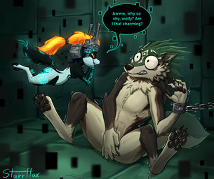 4_toes 5_fingers alternate_species anthro anthrofied black_body black_fur black_nose black_pawpads bound breasts butt chain chained clothing covering covering_crotch covering_self cuff_(restraint) dialogue duo feet female fingers floating fur furrification fused_shadow glowing glowing_markings green_body green_fur grey_body grey_fur grin hair headgear headwear hindpaw humanoid_hands male male/female markings navel nude nude_anthro nude_female nude_male orange_hair pawpads paws restraints shackles sitting smile speech_bubble spread_legs spreading surprised teasing teeth text toes wide_eyed starrffax nintendo the_legend_of_zelda twilight_princess link_(wolf_form) midna wolf_midna canid canine canis mammal wolf english_text hi_res