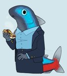 anthro big_eyes blouse blue_body bottomwear bread clothing cuff_links female fin fish_tail food gills grey_body head_fin holding_food holding_object hot_dog jacket mustard office_lady open_mouth red_tail shoulder_pads simple_background skirt solo tail topwear vacant_eyes vacant_stare kewpiekills mermay mermay_2023 characiform fish marine 2023 digital_media_(artwork) hi_res signature