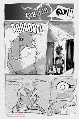 bed bedroom bottomless clothed clothing duo female furniture inside male night sleeping text scalesindark avian humanoid kobold scalie absurd_res comic english_text hi_res monochrome sketch url
