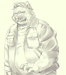 anthro belly big_belly clothing humanoid_hands kemono male overweight overweight_male shirt simple_background solo topwear furipon mammal suid suine sus_(pig) wild_boar 2023 hi_res