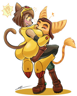 anthro belt black_nose blush boots breasts breasts_on_face brown_body brown_fur brown_hair brown_nose brown_tail butt carrying_another carrying_partner clothing duo eyebrows eyelashes eyes_closed female footwear fur gloves hair handwear happy heart_symbol male male/female markings motorboating ring_(marking) ringed_tail robotic_arm shoes simple_background smile striped_markings striped_tail stripes surprised tail tail_markings tail_tuft tuft weapon whiskers white_background yellow_body yellow_fur crimmy gameoverse glitch_productions ratchet_and_clank sony_corporation sony_interactive_entertainment kit_bodega ratchet_(ratchet_and_clank) domestic_cat felid feline felis lombax mammal absurd_res crossover hi_res