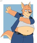 4_fingers anthro belly belt belt_buckle big_belly black_eyes bottomwear buckle clothing fingers humanoid_hands male navel overweight overweight_male pants shirt solo topwear whiskers oth305 ozzythewolf brok_the_investigator cowcat_games sin_silver kangaroo macropod mammal marsupial 2023 hi_res