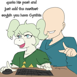 5_fingers anthro bald blue_eyes computer_keyboard computer_mouse dialogue duo eyelashes female fingers green_hair hair light-skinned_male light_body light_skin male open_mouth open_smile pale_body pale_scales simple_background smile snout text trolling twintails_(hairstyle) white_background arsenic_iii cavemanon_studios snoot_game anon_(snoot_game) cynthia_(snoot_game) dinosaur human mammal ornithischian prehistoric_species reptile scalie stegosaurian stegosaurus thyreophoran 1:1 2024 digital_drawing_(artwork) digital_media_(artwork) english_text meme