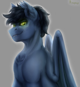 black_eyebrows black_mane blue_body blue_fur blue_membrane blue_wings eyebrows fangs feral fluffy_ears folded_wings fur glowing glowing_body green_eyes grey_background light logo looking_at_viewer male male_feral mane membrane_(anatomy) membranous_wings nude_male short_mane simple_background smile smiling_at_viewer solo teeth text white_glow wings rayrage hasbro my_little_pony fan_character moonset_shine bat_pony equid mammal 2020 artist_logo artist_name colored digital_drawing_(artwork) digital_media_(artwork) english_description half-length_portrait lighting portrait shaded
