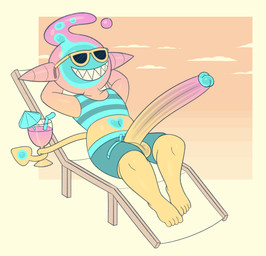 balls beach_chair beverage big_penis bottomwear clothing cloud container crop_top cup drinking_glass eyewear genitals glass glass_container glass_cup gradient_body gradient_penis hands_behind_head heart_symbol holding_container holding_cup holding_drinking_glass holding_object holding_wine_glass holding_with_tail horn huge_penis hyper_long_penis long_penis lounging male midriff navel penis penis_poking_out penis_through_fly pink_body prehensile_tail reclining_on_chair relaxing sharp_teeth shirt shorts solo spade_tail sunglasses tail teeth toothy_grin topwear wine_glass yellow_body gemsum spit_(gemsum) goo_creature humanoid imp 2025 hi_res