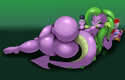 anthro big_butt breasts butt crossgender eyebrows eyelashes female fingers green_eyes holding_object huge_butt looking_at_viewer looking_back mtf_crossgender nude purple_body simple_background solo spade_tail tail tapering_tail conditional_dnp suirano friendship_is_magic hasbro my_little_pony mythology spike_(mlp) twilight_sparkle_(mlp) dragon mythological_creature mythological_scalie scalie 14:9 2025 digital_media_(artwork) hi_res