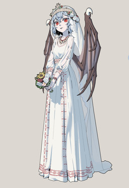 blue_hair bouquet bracelet breasts claws clothing cross crown digit_ring dress female finger_ring flower hair headgear holding_bouquet holding_flower holding_object jewelry looking_at_viewer membrane_(anatomy) membranous_wings necklace plant pupils red_eyes red_flower red_rose rose_(flower) simple_background slit_pupils small_breasts solo tiara wedding_dress wedding_veil white_clothing white_dress white_flower white_rose wing_claws wings yellow_flower yopofen touhou remilia_scarlet humanoid vampire winged_humanoid absurd_res full-length_portrait hi_res portrait