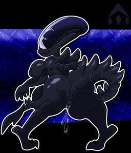 anus big_breasts big_butt black_body black_nipples bodily_fluids breasts butt elongated_head eyeless female genital_fluids genitals looking_at_viewer looking_back looking_back_at_viewer nipples rear_view smile solo tail tail_ridge thick_thighs vaginal_fluids vulva wide_hips mschaox6 alien_(franchise) alien humanoid xenomorph hi_res