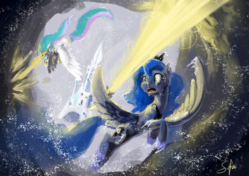 attack battle blue_hair castle cloud crystal_empire cutie_mark duo energy_beam feathered_wings feathers female feral flying green_eyes hair horn magic multicolored_hair open_mouth purple_eyes snow speedpaint wings silfoe friendship_is_magic hasbro my_little_pony mythology princess_celestia_(mlp) princess_luna_(mlp) equid equine mammal mythological_creature mythological_equine winged_unicorn 2016 absurd_res hi_res