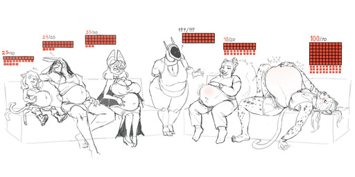anthro belly belly_blush big_belly blush body_blush boots bottomwear breasts clothed clothing female footwear fur furniture group hair hand_on_own_belly long_hair lying male markings navel on_back on_sofa pants raised_clothing raised_shirt raised_tank_top raised_topwear shirt shoes shorts sitting sitting_on_sofa sleeping sofa sound_effects spots spotted_body spotted_fur standing stuffing tail tail_motion tailwag tank_top thin_tail topwear vowelless vowelless_sound_effect zzz pazzdispenser bat felid feline mammal synth_(vader-san) 2:1 absurd_res english_description hi_res sketch
