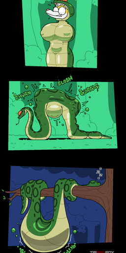 abdominal_bulge ambiguous_gender anthro big_breasts breasts digestion_noises duo feet_first female feral green_body head_in_mouth oral_vore serpentine_vore vore tairedfox canid canine fox mammal reptile scalie snake comic hi_res