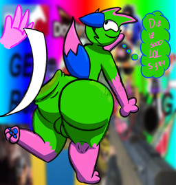 anthro balls big_butt big_eyes blue_body blue_fur butt dialogue duo femboy fur genitals green_body green_fur male nude nude_male paws pink_body pink_fur solo speech_bubble chefrens don't_touch_my_pizza_(meme) mlg nyanwolf kevin_(nyanwolf) canid canine canis mammal wolf hi_res meme