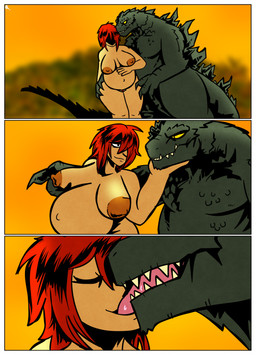 anthro barely_visible_genitalia barely_visible_vulva border breast_fondling breast_play breasts duo female female_human fondling genitals hand_on_belly hand_on_breast hand_on_butt hand_on_chin hand_on_own_belly human_on_anthro interspecies kissing loving_gaze macro male male/female nude pregnant vulva white_border desertdragon94 attack_of_the_50_foot_woman godzilla_(series) toho godzilla human kaiju mammal scalie comic hi_res