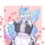 3_horns anthro big_breasts blue_hair breasts clothing female frilly frilly_clothing hair hairy horn maid_uniform multi_horn open_mouth solo uniform white_body yellow_eyes jianyi mythology jianyi_(character) dragon mythological_creature mythological_scalie scalie