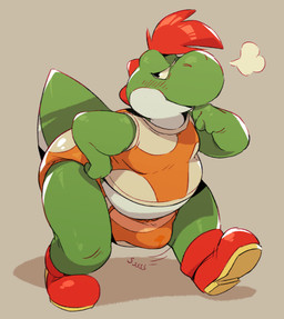 anthro biped blush bodily_fluids boots bulge clothed clothing diaper footwear genital_fluids hair male orange_clothing orange_diaper overweight red_boots red_clothing red_footwear red_hair shoes simple_background solo unclean_diaper urine used_diaper using_diaper wearing_diaper wet_diaper wetting wetting_diaper crackajackin mario_bros nintendo paper_mario paper_mario:_the_thousand_year_door the_great_gonzales_jr dinosaur green_yoshi prehistoric_species reptile scalie yoshi 2018 digital_media_(artwork)