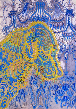 1930s_theme abstract_art abstract_background ambiguous_gender blue_background feral folded_ears fractal madness narrowed_eyes simple_background solo louis_wain bird_dog canid canine canis domestic_dog hunting_dog mammal spaniel signature traditional_media_(artwork)
