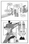 2017 akiric anthro arctic_fox bag border canid canine clothed clothing comic dialogue disney door ear_markings english_text facial_markings female fox greyscale group hand_in_pocket head_markings jack_savage judy_hopps lagomorph leporid male mammal markings monochrome necktie nick_wilde one_eye_closed pockets rabbit red_fox sign skye_(zootopia) speech_bubble standing text true_fox white_border wink zootopia